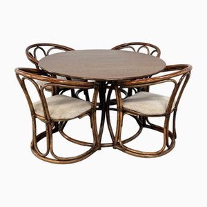 Round Oak Dining Table and Rattan Armchairs, Set of 5