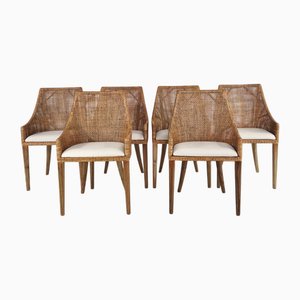 Chaises en Rotin et Bois, France, Set de 6