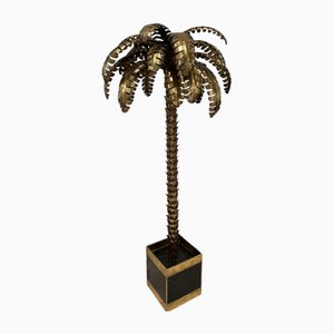 Lampadaire Palmier en Métal Doré et Miroir Laqué Noir