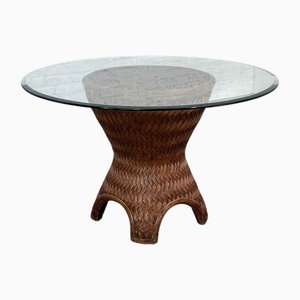 Round Dining Table in Woven Rattan and Beveled Glass, 1970s