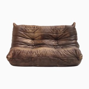 Togo Two-Seater Sofa in Brown Leather by Michel Ducaroy for Ligne Roset, 1970s