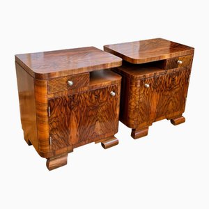 Art Deco Bauhaus Nachttische aus Nussholzwurzelfurnier, 1930er, 2er Set