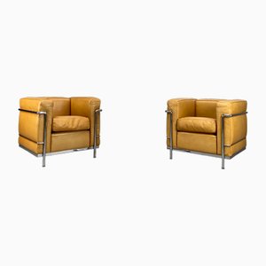 Set de Fauteuils LC2 en Cuir Cognac par Le Corbusier pour Cassina, 1990s