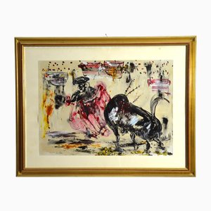 After Franco Policastro, Bullfighting, 20th Century, Acrylic Painting on Cardboard, Framed
