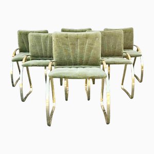 Modern Italian Brick Green Velvet and Gold Chromed Chairs, 1970s, Set of 6