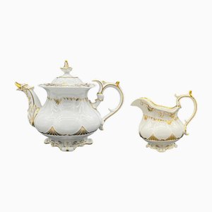 Tetera antigua con tapa y jarra de crema, 1837. Juego de 3