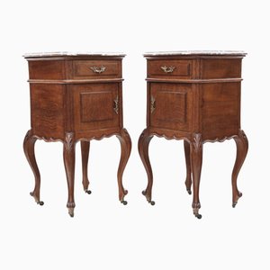 Antique Oak Marble-Top Bedside Tables, 1890s, Set of 2
