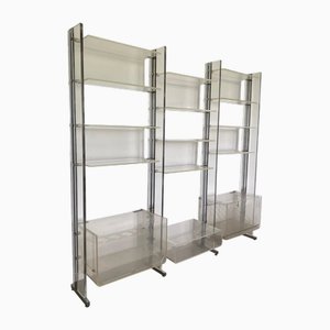 Libreria grande in vetro acrilico trasparente cromato di Michel Dumas per Roche Bobois