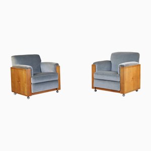 Art Deco Dutch Armchairs with Inlay Motif in Oak and Velvet, 1930s, Set of 2