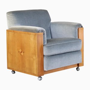 Art Deco Dutch Oak Armchair with Inlaid Motif and Original Grey Velvet, 1930s