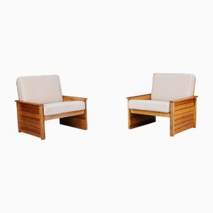 French Lounge Chairs in Pine with New Cream Bouclé Upholstery, 1960s, Set of 2