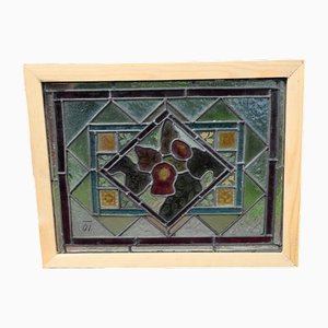Antique Leaded Glass Window with Hand Painted Flowers, 1890
