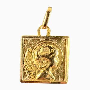 Vintage French 18k Yellow Gold Square Medal Pendant, 1950s