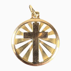 Vintage French 18k Yellow Gold Cross Sunburst Medal Pendant, 1950s