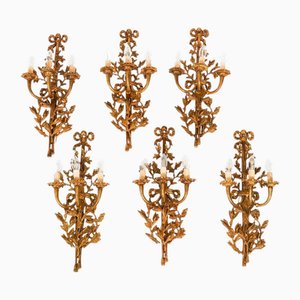 Vintage French Louis Revival Three Branch Ormolu Wall Lights, 1920s, Set of 6