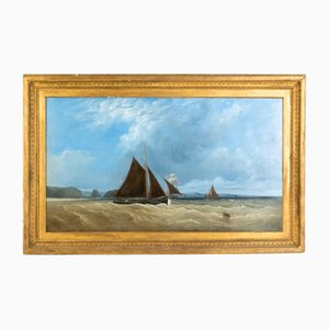 Artista della scuola britannica, barche, pittura a olio, con cornice