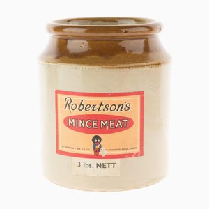 Pentola antica in gres con pubblicità di carne macinata di Robertsons