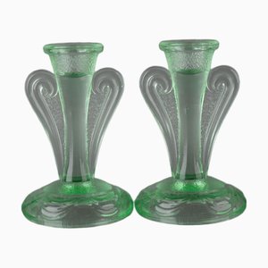 Antique Art Nouveau Uranium Glass Candleholders, Set of 2