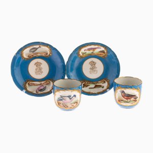 Late 18th Century French Hand Painted Sevres Bleu Celeste Porcelain Exotic Birds Teacups & Saucers, Set of 4