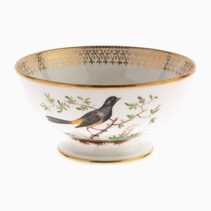 Bol Oiseaux Ornithologique Peint à la Main Antique en Porcelaine Dorée