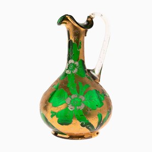 Brocca antica in vetro satinato verde smaltato, 1880