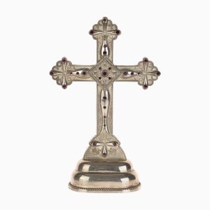 Silver Plated Religious Crucifix Inlaid with Amethysts