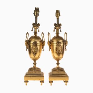Antique French Napoleon Iii Gilt Bronze Medallion Table Lamp Vases, Set of 2