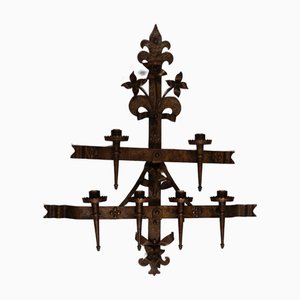 Large French Gothic Hand Wrought Patinated Iron Decorative Wall Sconce