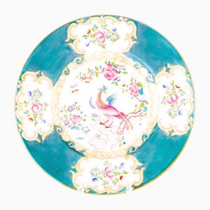 Antique Hand Painted Turquoise Ground Porcelain Ceramic Exotic Bird Plate from Mintons