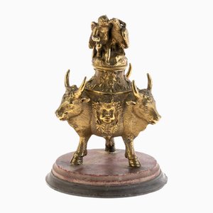Tintero italiano antiguo de bronce dorado
