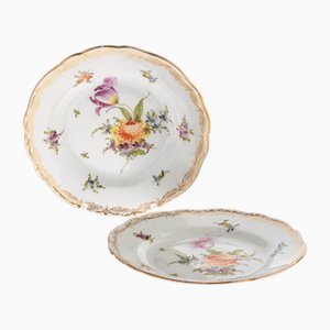 Antique Hand Painted Floral Gilt Porcelain Plates from Meissen, Set of 2