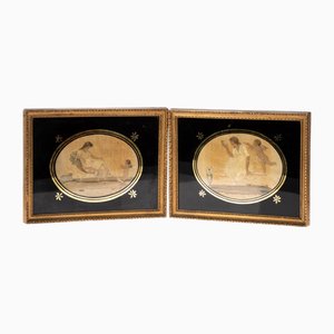 George III Glomyized Glass Mythological Silk Pictures of Eros and Psyche, Set of 2