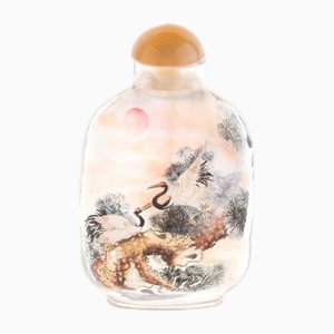 Mid-Century Modern Chinese Reverse Handbemalte Schnupftabakflasche aus Glas mit Kranichen und Hühnern