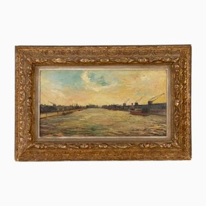 Canal Scene, 1900s, Oil on Canvas, Framed