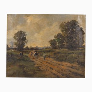 Farmer and Cows in Landscape, 1900s, Oil on Canvas, Framed