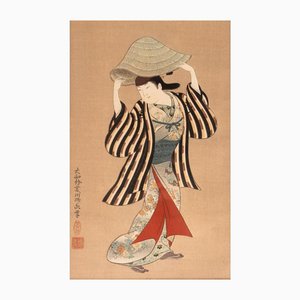 Morotane Furuyama, Beauty in the Sedge Hat, Woodblock Print
