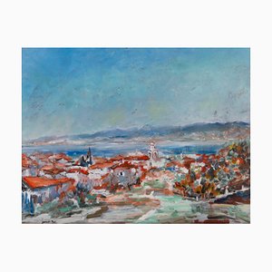 Coastal Town Landscape, Oil on Canvas, Framed