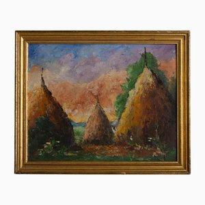 Artista belga, paisaje de pajares impresionistas, pintura al óleo, siglo XIX, enmarcado