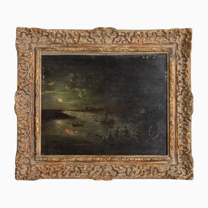 Escena de pesca a la luz de la luna, siglo XVIII, pintura al óleo