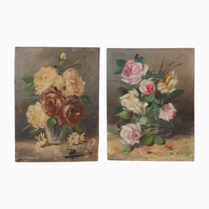 Still Lifes with Flowers, Early 20th Century, Oil on Panels, Set of 2