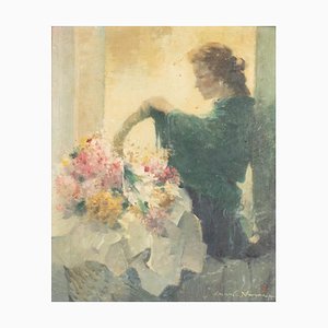 Femme au Panier de Fleurs, Huile sur Toile, Encadrée
