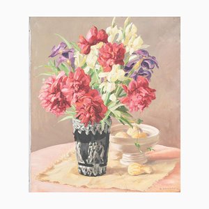 S. Dauvister, Bodegón francés con flores, óleo sobre lienzo