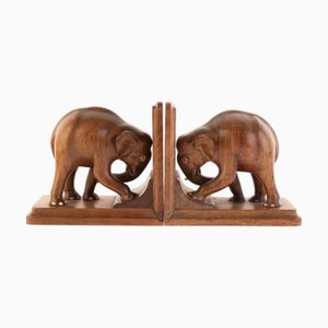 Serre-Livres Éléphants Art Déco Antique en Bois Sculpté, Set de 2
