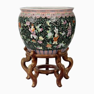 Large Antique Chinese Famille Noir Porcelain Ceramic Planter on Stand