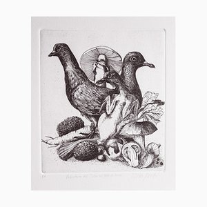 Angela Occhipinti, Wood Pigeons with Black Pigeons from Norcia: Author's Proof, 1950, Engraving