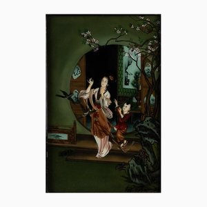 Antique Chinese Glass Painting of Lady with Child
