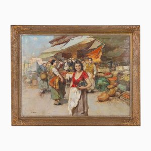 Giuseppe Pitto, Large Italian Market, Oil Painting