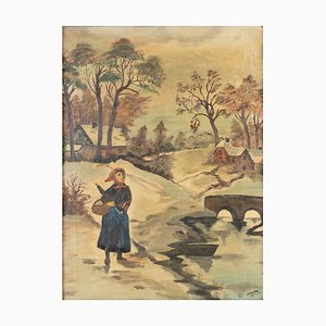 Figure dans un Paysage de Neige en Hiver, Huile sur Toile