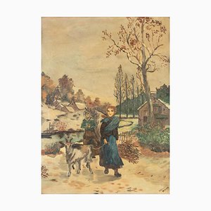 Shepherdess in a Winter Snow Landscape, Oil on Canvas