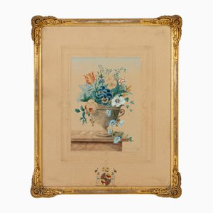 Armoiries Nature Morte Florale, 1800s, Aquarelle sur Papier Gaufré